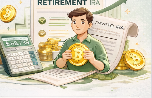 Illustration of Crypto IRA paperwork, calculator, and Bitcoin coins