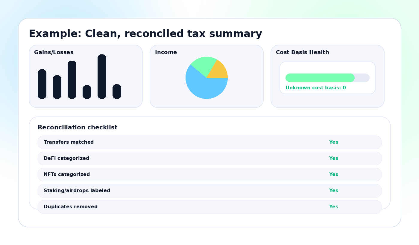 Example crypto tax report and transaction history reconciliation